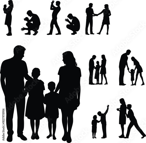 Human silhouette set, black and white, emotional pose, family interaction, expressive gesture, nurturing bond, relationship scene, dynamic posture