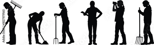 Outdoor work silhouettes, black and white, gardening tools, pitchfork, rake, binoculars, standing poses, field activity, rural labor, task variety