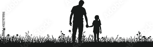 Parent child silhouette, holding hands, black and white, nature field, wildflowers, grass scene, outdoor bond, peaceful moment, family care