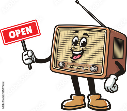 Cartoon of Radio mascot holding an open sign