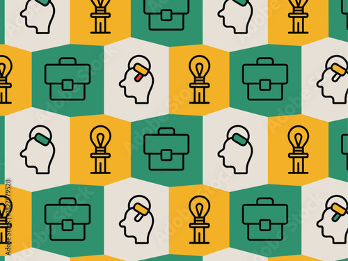 Seamless Business Innovation Pattern Head, Light Bulb, and Briefcase in Hexagon Background Vector.