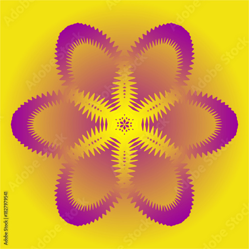 A vivid six-petaled spiked flower glows with magenta-to-gold gradients, radiating hypnotic symmetry and warmth against a luminous yellow background.