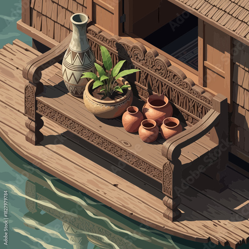 Rustic river house with wooden bench and decorative pottery illustration