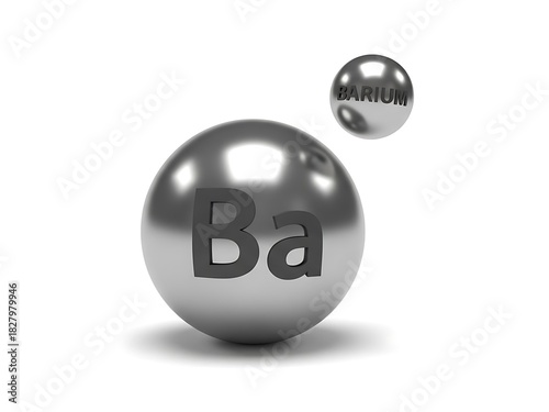 Barium element symbol ba and name on spheres, isolated on white background