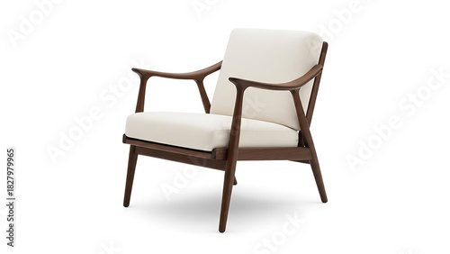 Modern wooden armchair with white cushions isolated on white