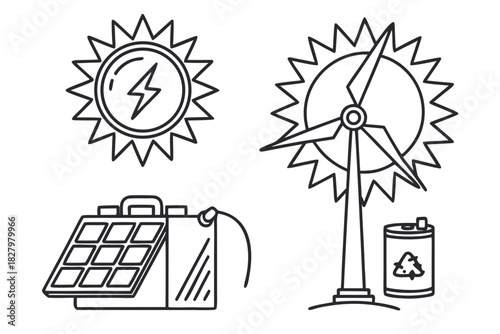 Renewable Energy Icons Solar Panel Wind Turbine Sun and Battery solar power wind power