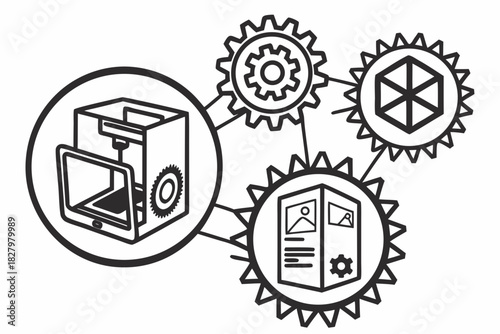 3D Printing and Gears Icons for Manufacturing Process and Workflow 3d printing cogwheels