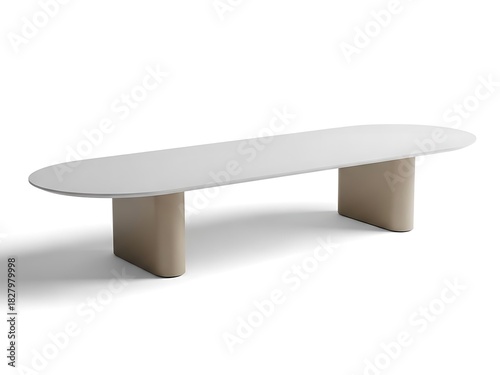 White oval table with beige bases, isolated on white background