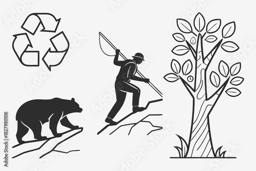 Black silhouette icons of a bear, a fisherman, a tree, and recycling symbol animal