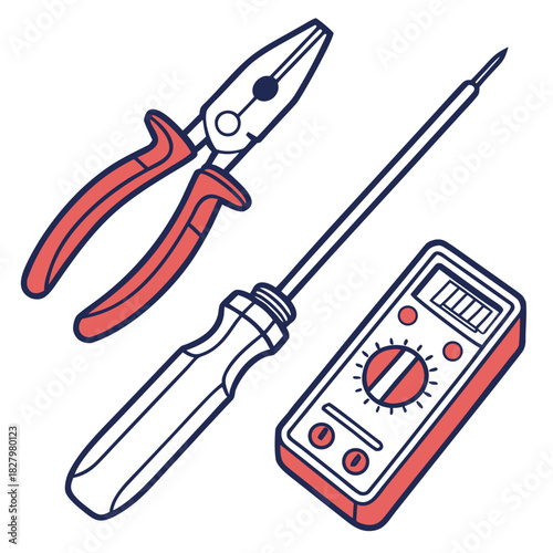Pliers Screwdriver and Multimeter Tools on White Background electrical
