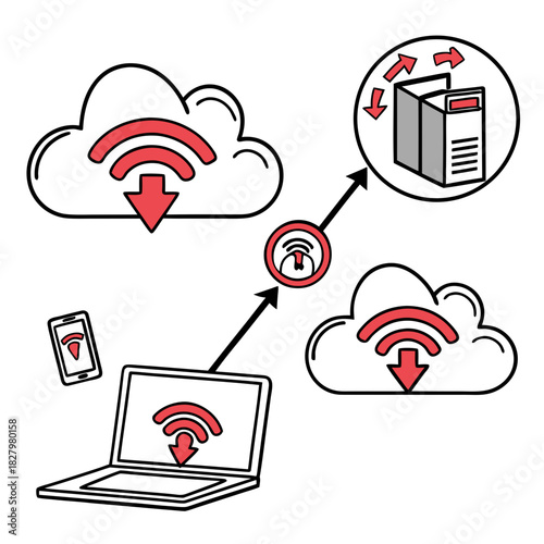 Cloud computing data transfer network diagram with devices and server vector illustration