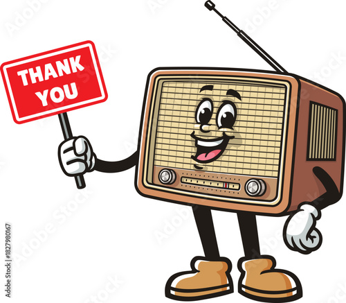 Radio mascot cartoon holding a thank you sign