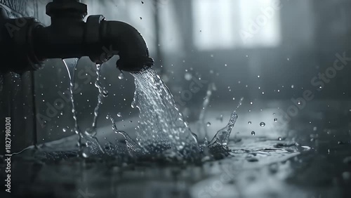Water Gushing from a Broken Industrial Pipe onto a Flooded Floor.