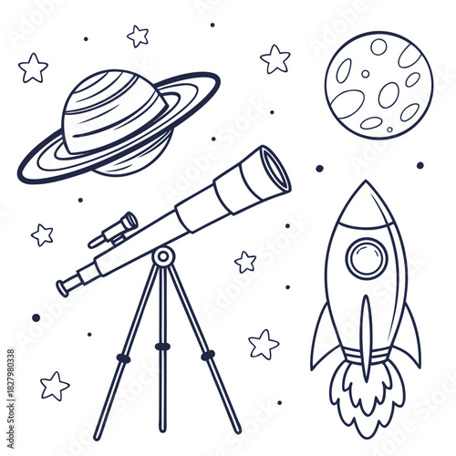 Hand Drawn Space Elements Including Telescope Rocket Planet and Moon vector illustration