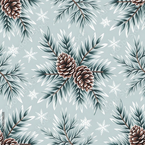 Seamless winter pattern featuring frosted pine cones and delicate snowflakes on a soft gray background