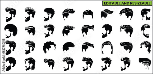 Male Hairstyle Silhouette Vector Icon Set .