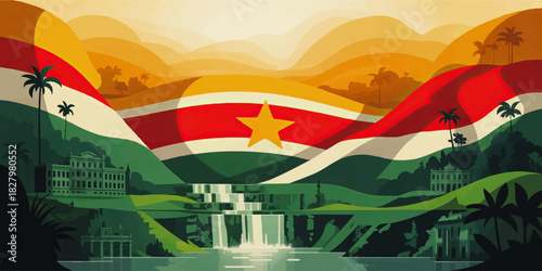 Suriname flag landscape illustration with tropical jungle, historic colonial architecture and exotic waterfall at golden sunset