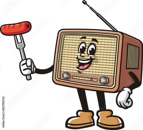 Radio mascot cartoon holding a sausage