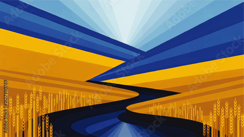 Abstract golden wheat field and blue river landscape illustration with sunrise sky, modern geometric agricultural countryside art