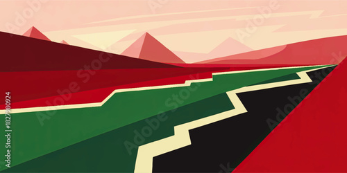 Abstract geometric landscape with zigzag road, red hills and green valley in modern minimalist sunset illustration background