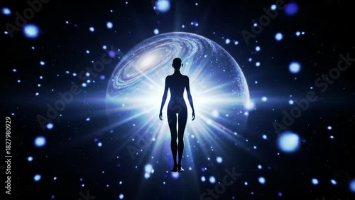 Majestic video slowly pushing in on an elegant humanoid silhouette in cosmic void, engulfed by expanding white light, swirling particles. Profound transcendence concept