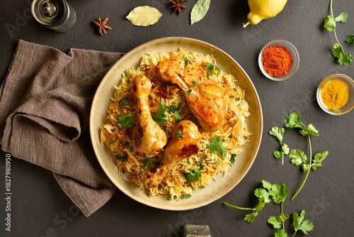 Indian dish chicken biryani with basmati rice