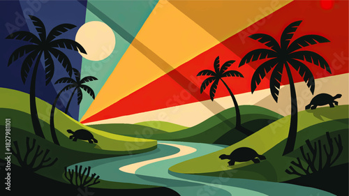 Tropical landscape illustration with palm trees turtles and river under colorful geometric sunset sky modern vector art