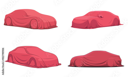 Covered car illustration with draped cloth silhouette for vehicle reveal concept
