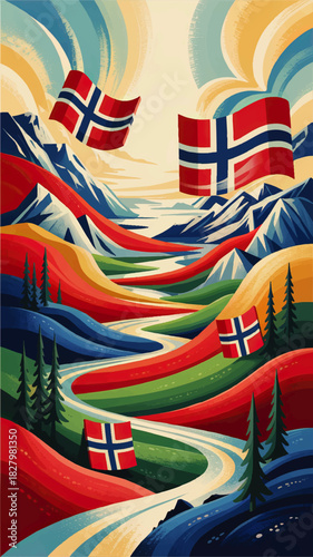 Colorful Norway landscape illustration with mountains, fjord river valley, waving Norwegian flags and scenic travel poster art