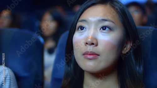 Young woman watching a movie in a cinema.