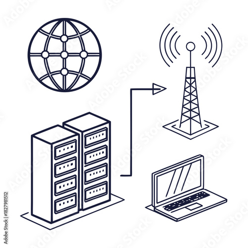 Network Connectivity Diagram with Servers and Antenna laptop