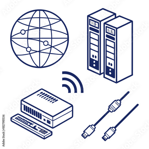 Technology Icons Network Servers Router Cables Globe Data Transfer internet