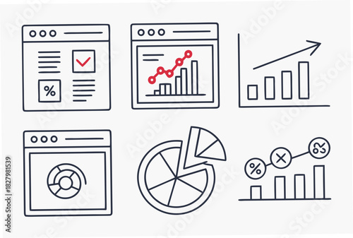 Set of hand-drawn icons representing data analysis and statistics Keywords: data, analysis, statistics