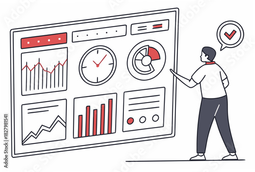 Person interacting with a dashboard displaying various charts and graphs Keywords: dashboard