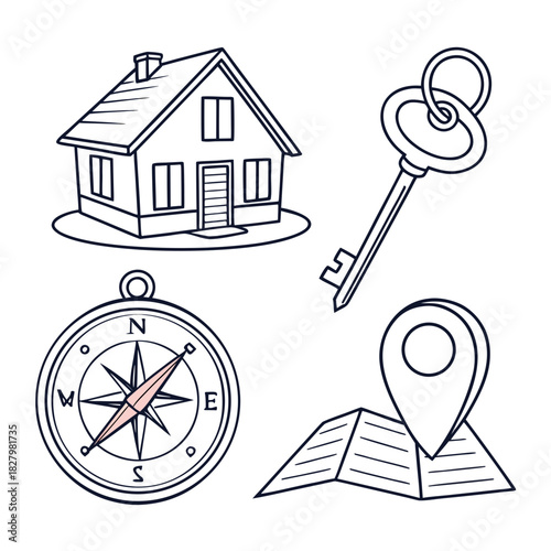 Real estate and navigation icons house key compass map pin home ownership