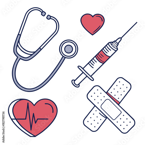 Medical Icons Set with Stethoscope Heart Syringe and Bandages vector illustration