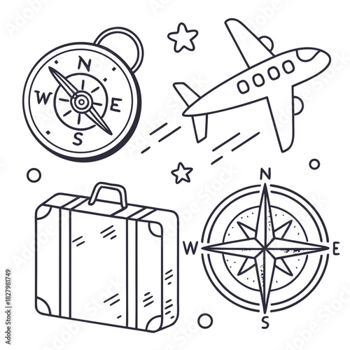 Travel Icons Airplane Suitcase Compass and Stars Outline Illustration navigation