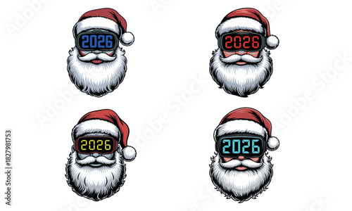 Santa face illustration with futuristic 2026 glasses and festive holiday design
