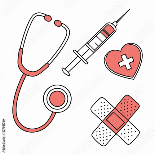 Medical Stethoscope Syringe Bandages and Heart with Cross Icon Keywords: medical, healthcare