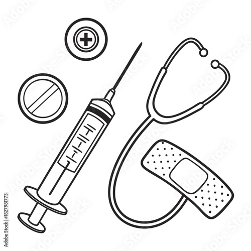 Medical Stethoscope Syringe Bandages Pill and Cross Icon Keywords: medical, healthcare, stethoscope