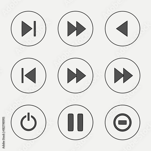 Collection of Nine Circular Media Player and Power Icons controls pause