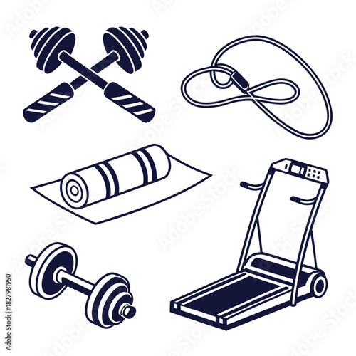 Assorted fitness equipment icons on white background workout exercise