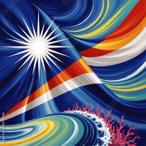 Vibrant abstract Seychelles flag with ocean waves, coral reef and radiant sunburst, dynamic tropical island art background