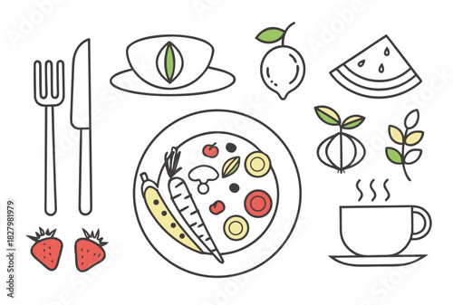 Doodle icons of food, drink, and cutlery on a white background meal dining