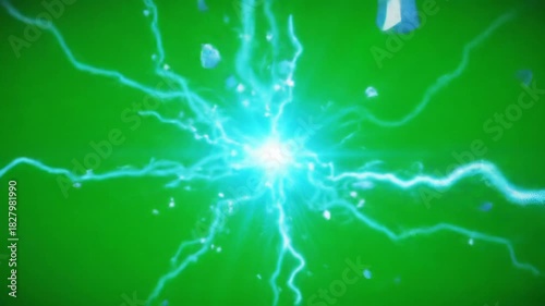 Intensely luminous vibrant electric blue and cyan energy burst dynamically expands, radiating sharp lines and shimmering particles on a chroma green screen. Cutting-edge abstract visualization