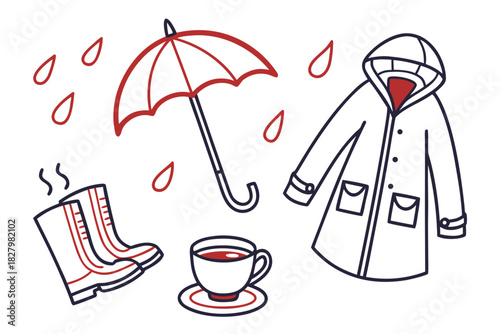 Cozy Rainy Day Essentials Umbrella Raincoat Boots and Hot Drink on White Background Keywords: rain