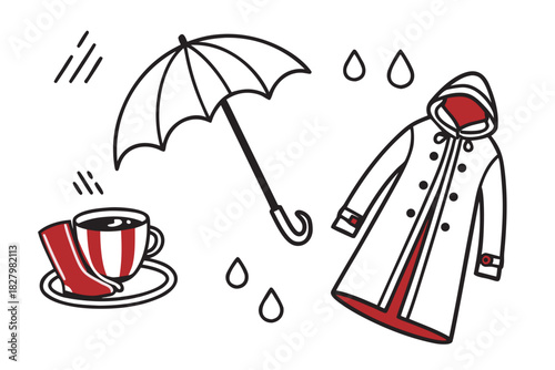 Rainy Day Scene with Umbrella Raincoat Hot Drink and Boots on White Background Keywords: rain