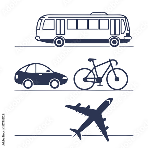 Silhouette icons of bus car bicycle and airplane on white background transportation