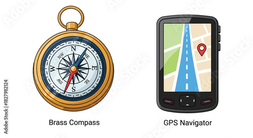 A brass compass and a gps navigator for direction and route planning