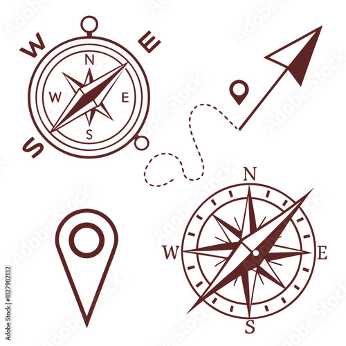Navigation And Location Icons Set Brown Line Art compass direction